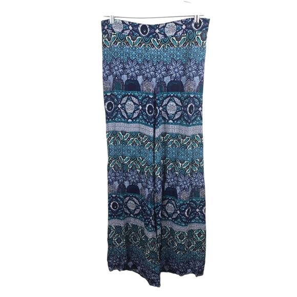 Roz & Ali Blue Wide Leg Palazzo Pants Yoga Travel Boho Hippie Mosaic Comfort L - Picture 2 of 11